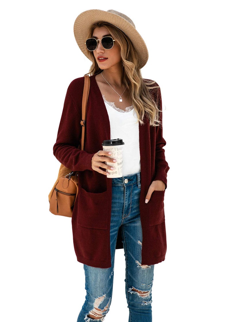 TASAMO Women's Loose Open Front Long Sleeve Solid Color Knit Cardigans Sweater Blouses with Packets (X-Large,Wine red) - Image 2